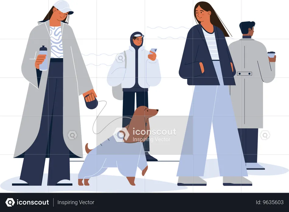 Personas de diferentes edades caminando por la ciudad con chaqueta y abrigo.  Ilustración