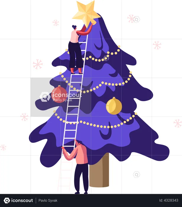 Gente decorando el árbol de navidad  Ilustración