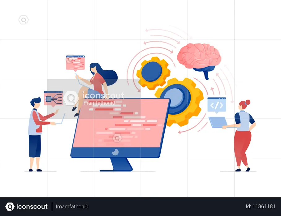 Personas que desarrollan mecanismos de programación para inteligencia artificial  Ilustración