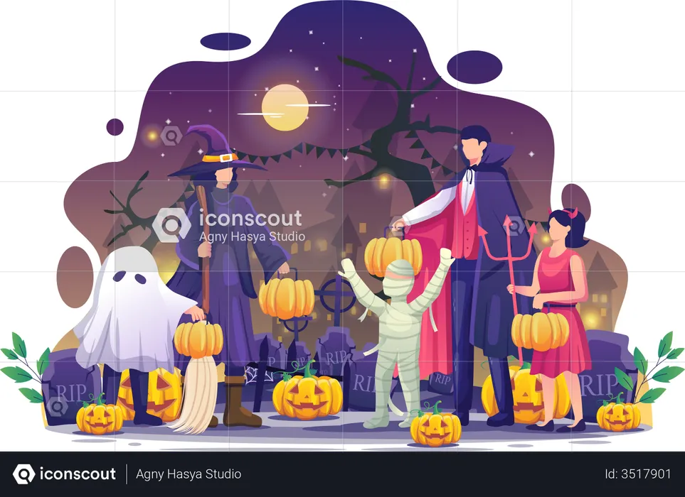 Personas disfrazadas de Halloween llevando calabazas  Ilustración