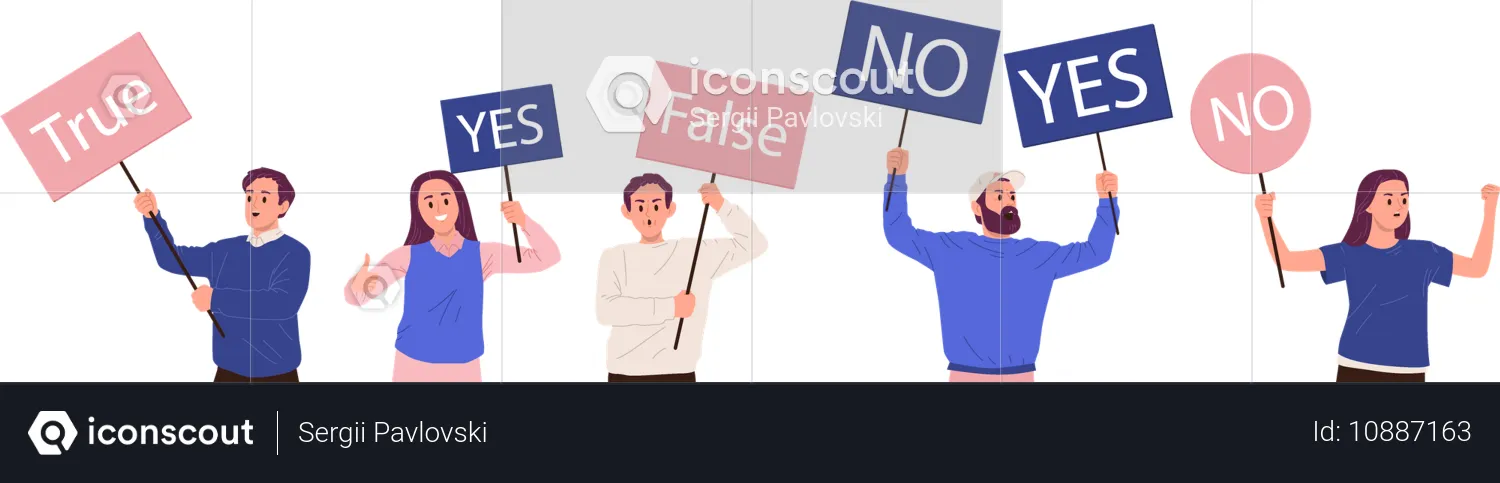 Diversas personas sosteniendo carteles con diferentes inscripciones de acuerdo o desacuerdo.  Ilustración