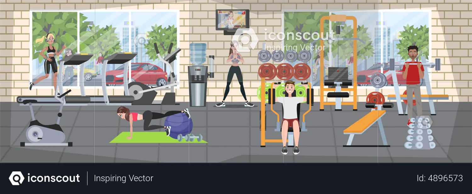 Gente entrenando en el gimnasio.  Ilustración