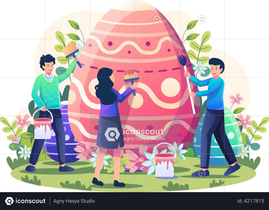 La gente está decorando y pintando un huevo de Pascua gigante.  Ilustración