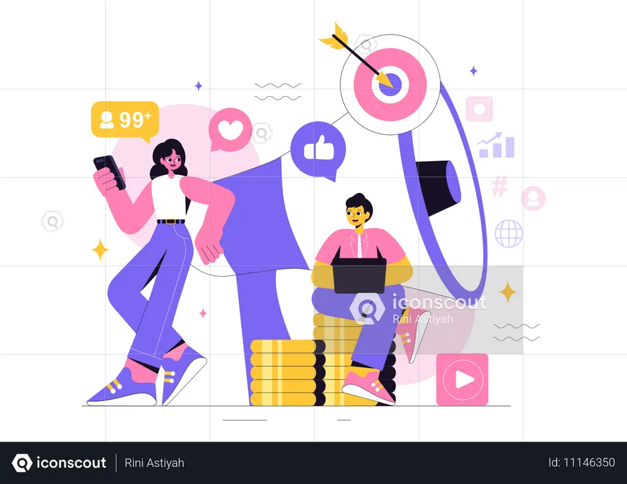 Personas que hacen publicidad en las redes sociales  Ilustración