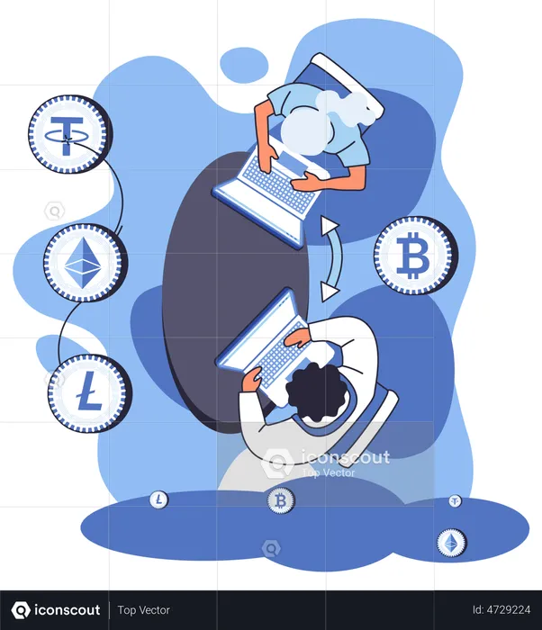 Personas realizando transferencias de criptomonedas.  Ilustración