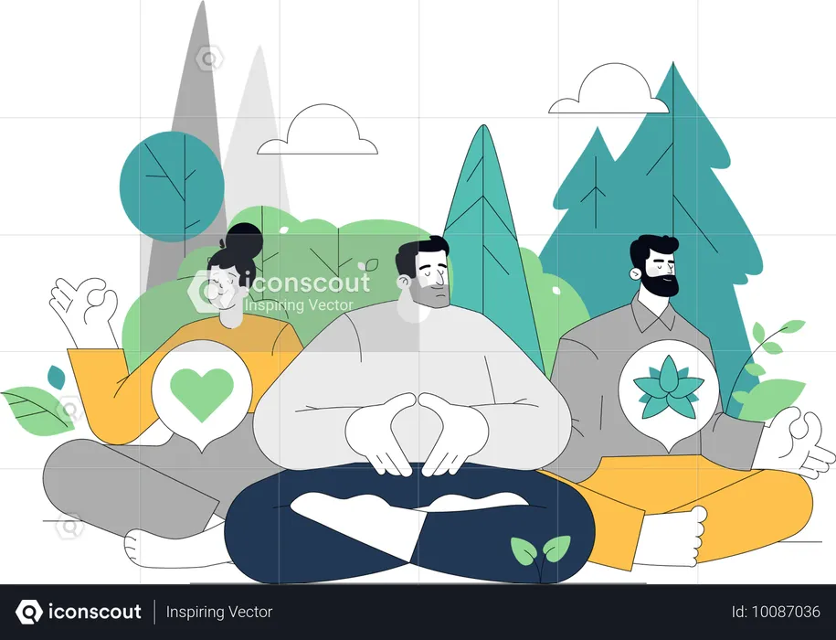 Personas haciendo yoga en el jardín para superar la tristeza de su vida.  Ilustración