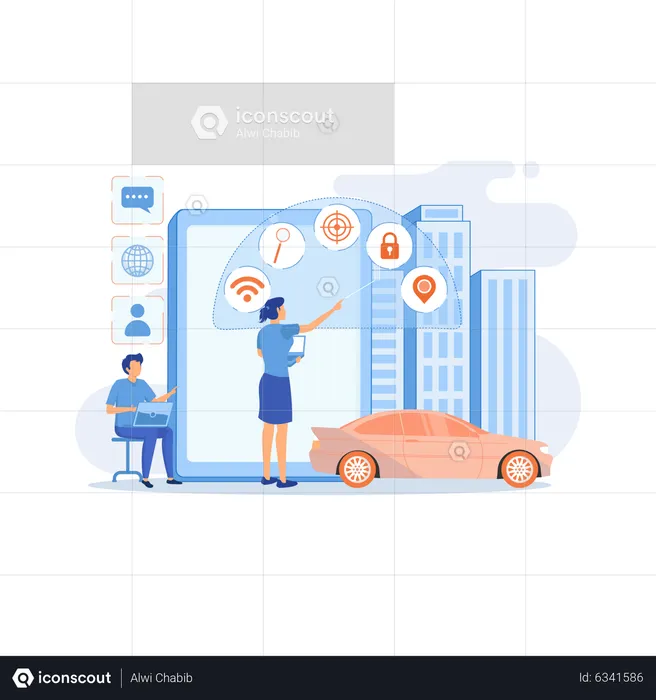 Personas interactuando con la tecnología.  Ilustración