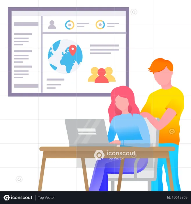 Personas que investigan redes sociales en PC  Ilustración