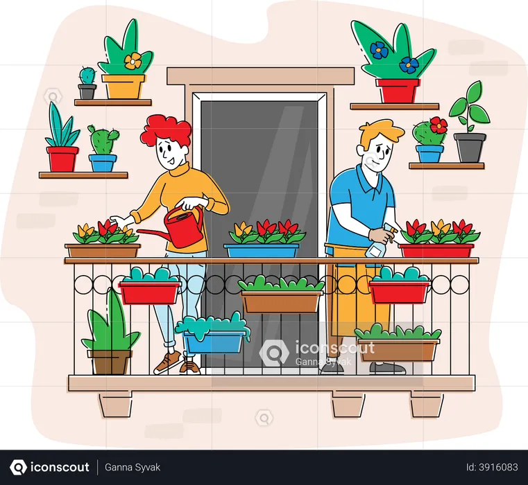 Gente haciendo jardinería en casa  Ilustración