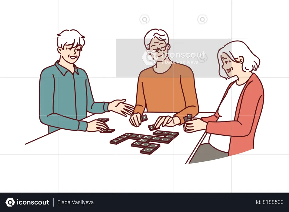 Los ancianos juegan al dominó en una residencia de ancianos  Ilustración