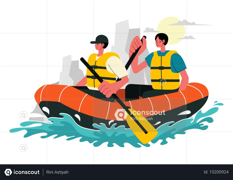 Personas participando en el desafío del rafting  Ilustración