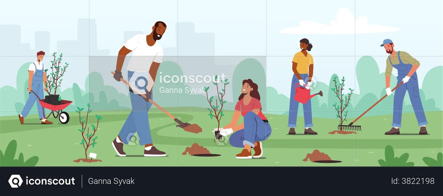Personas plantando plántulas y cultivando árboles  Ilustración
