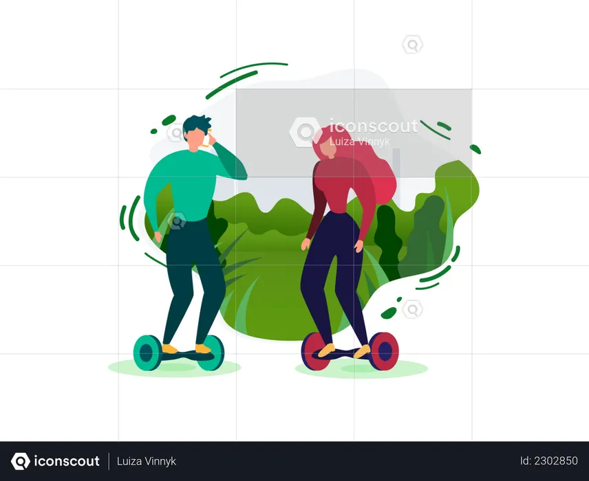 Personas que viajan en scooters eléctricos autoequilibrados en el parque  Ilustración