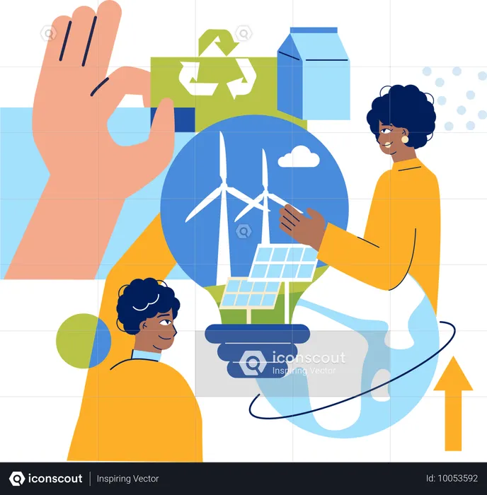 Personas que utilizan fuentes de energía naturales como paneles solares y molinos de viento.  Ilustración