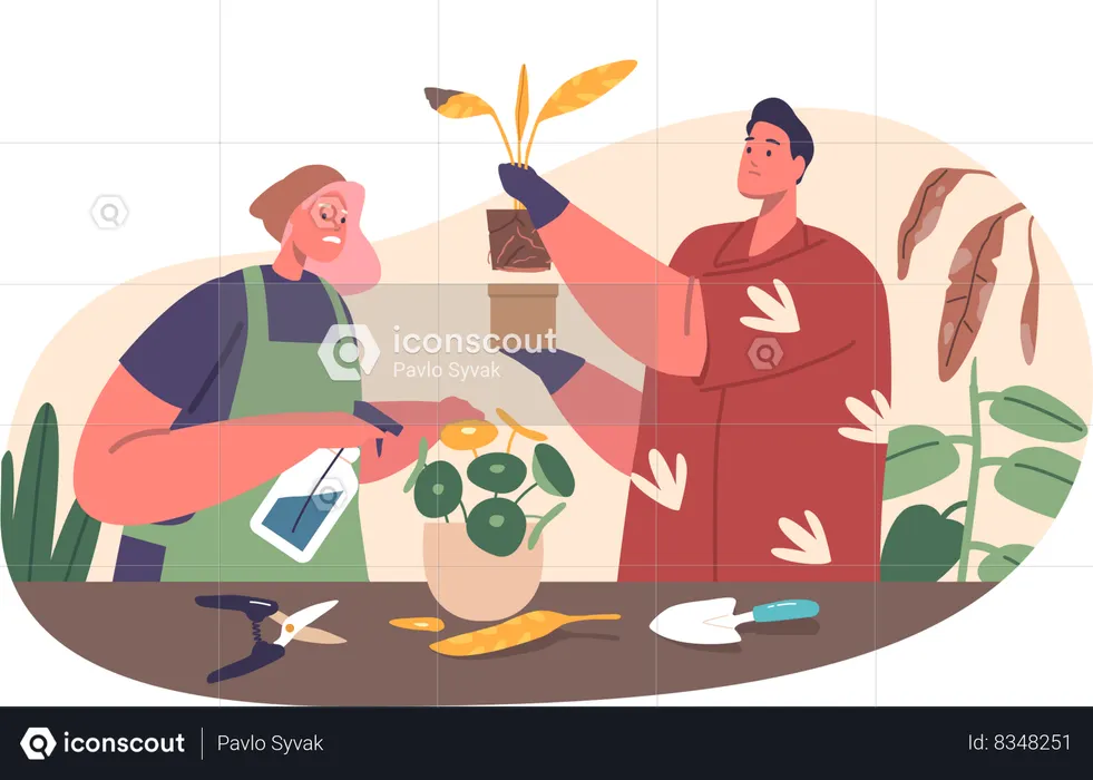 La gente revive las plantas con agua.  Ilustración