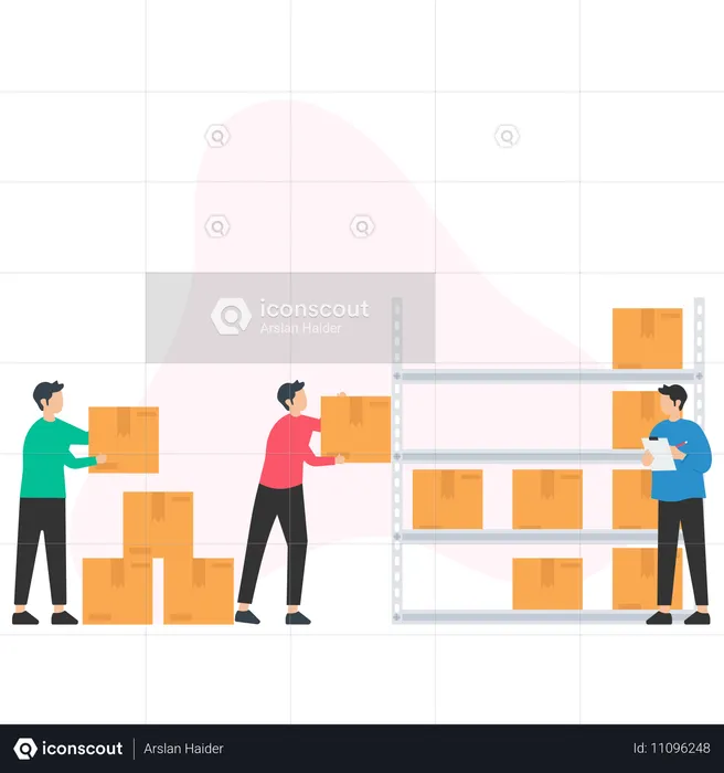 Personas trabajando en almacén de paquetería  Ilustración