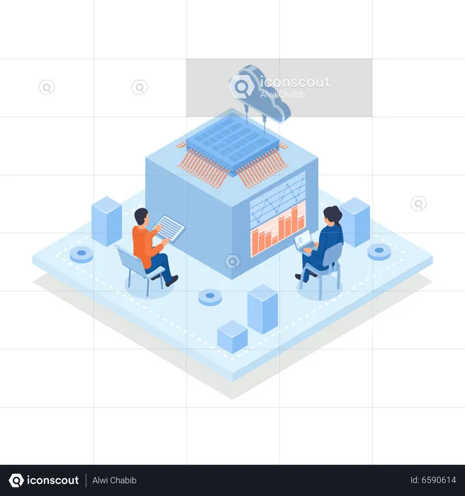 Personas que trabajan en computadoras conectadas a circuitos integrados y a la nube.  Ilustración