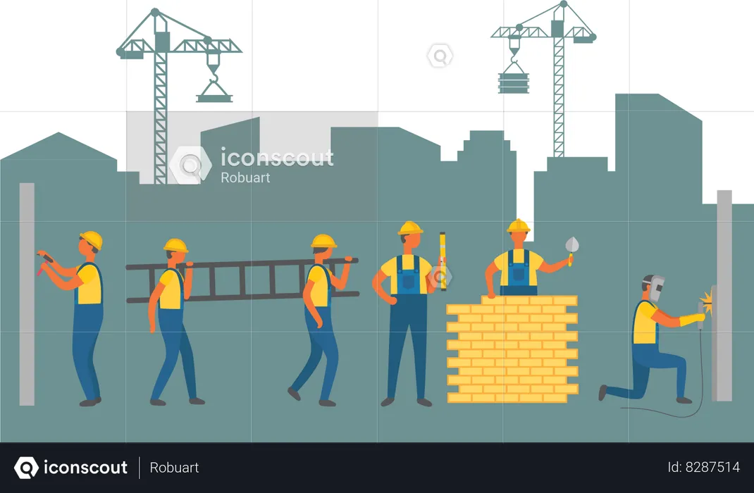 Personas que trabajan en la construcción de nueva infraestructura.  Ilustración