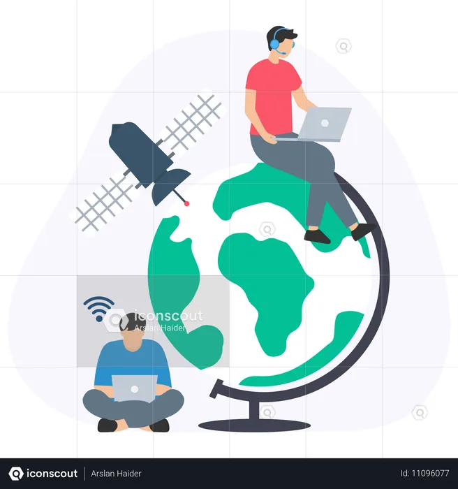 Personas trabajando en satélites globales  Ilustración