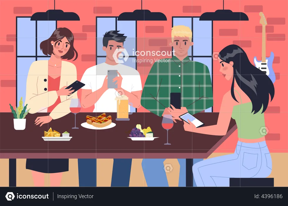 Personas que usan teléfonos inteligentes mientras cenan en un restaurante  Ilustración