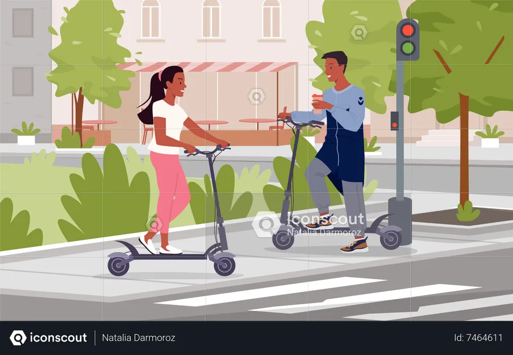 Gente montando scooter eléctrico en la ciudad  Ilustración