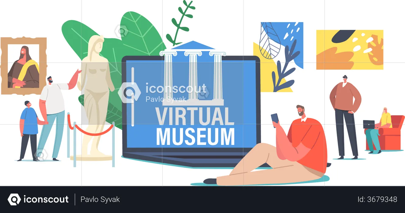 Personas que visitan el museo virtual  Ilustración