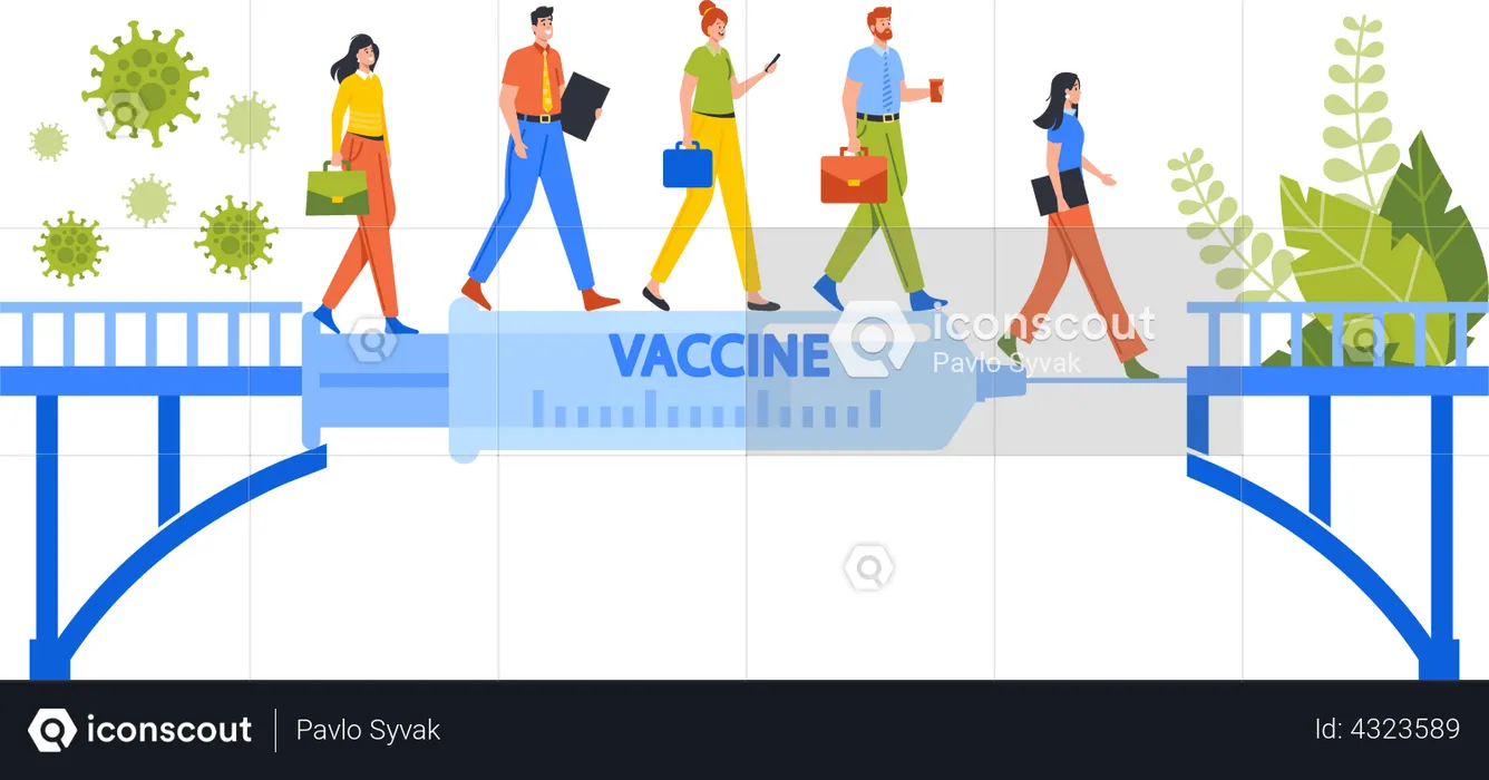 Personas que van a trabajar después de la vacuna contra el coronavirus  Ilustración