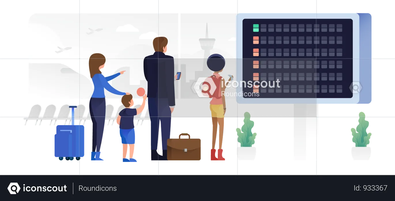 Persone che controllano il tabellone delle partenze in attesa del loro volo  Illustration