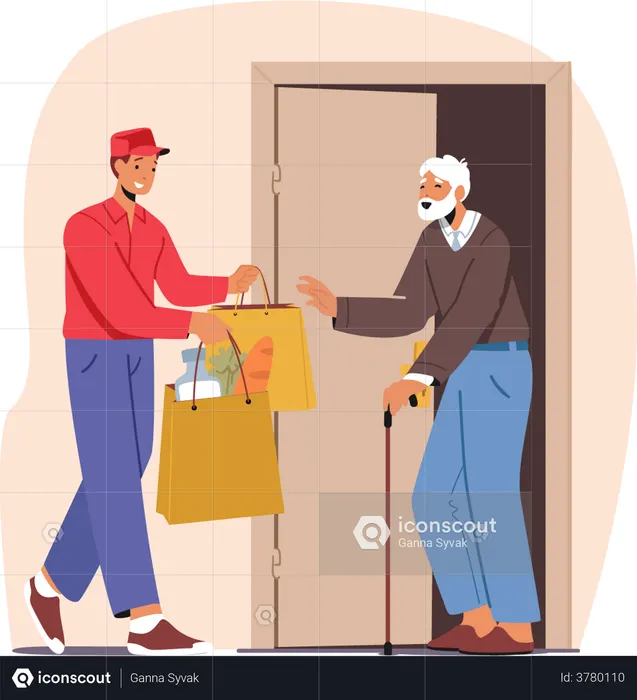 Le personnage de messagerie qui s'occupe des personnes âgées apporte des produits d'épicerie ou des médicaments pendant le verrouillage  Illustration