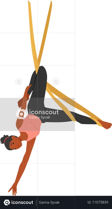 Personnage féminin agile en équilibre gracieux dans un hamac de yoga aérien  Illustration