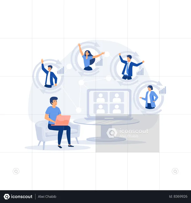 Personnage travaillant à distance à la maison et utilisant un ordinateur portable pour des réunions vidéo avec des collègues et des amis  Illustration