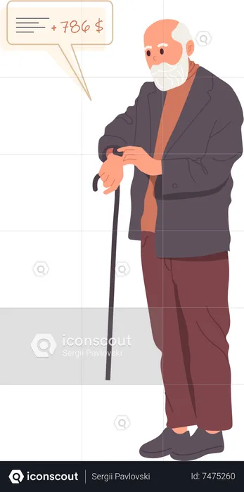 Personnage d'homme âgé aux cheveux gris à la retraite utilisant une montre intelligente pour faire du shopping  Illustration