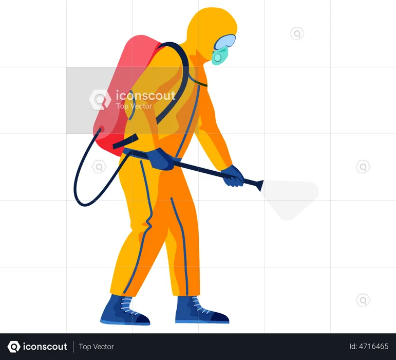 Personnage en tenue de protection isolé sur fond blanc. L’homme pulvérise du liquide désinfectant  Illustration