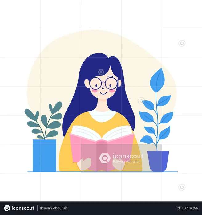 Personnage de fille nerd portant des lunettes lisant un livre dans la bibliothèque  Illustration