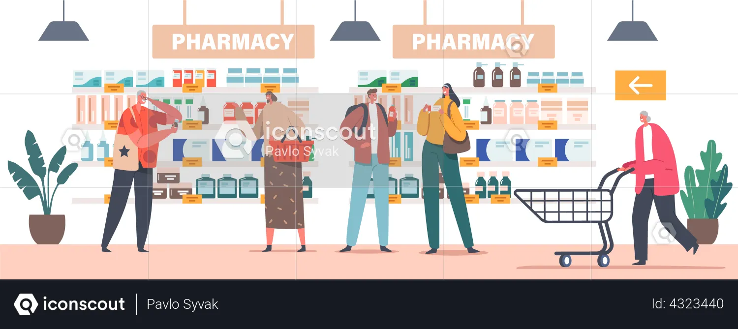 Les personnages avec des caddies achètent des médicaments dans une pharmacie  Illustration