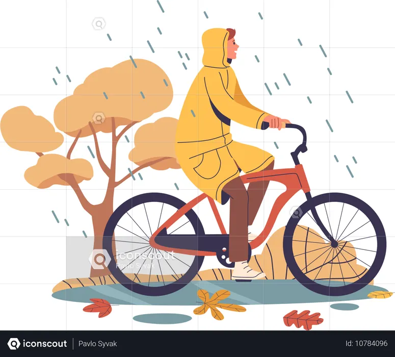 Personne en imperméable jaune faisant du vélo dans un environnement pluvieux d'automne pittoresque avec des feuilles qui tombent et un arbre  Illustration