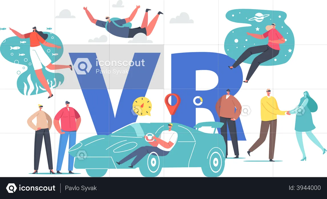 Des personnes adaptant la technologie du monde VR  Illustration