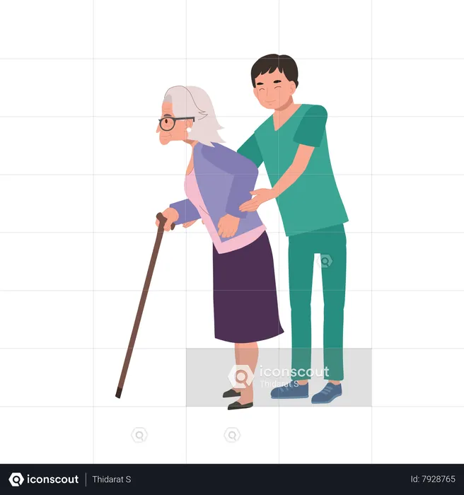 Aide à la marche d'une grand-mère âgée par un infirmier heureux en uniforme  Illustration