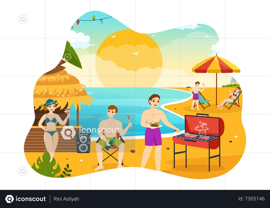 Personnes bénéficiant d'une soirée barbecue sur la plage  Illustration