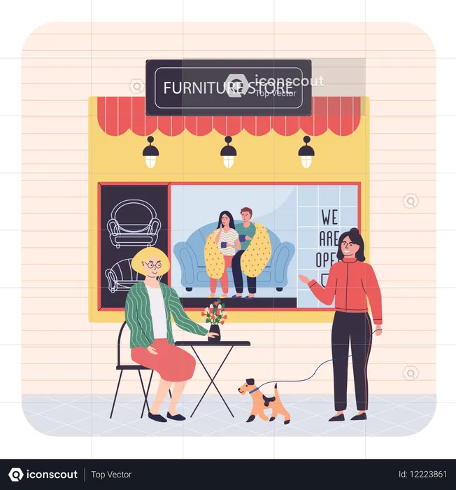 Des gens assis à côté d'un magasin de meubles  Illustration