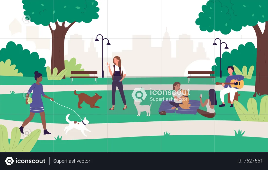 Personnes avec animal de compagnie dans le parc  Illustration