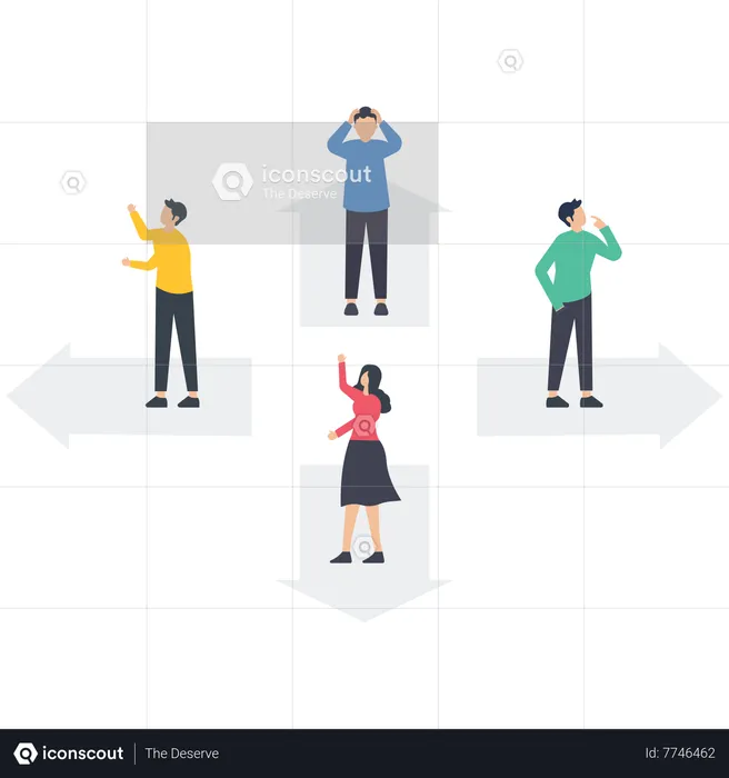 Personnes debout sur une flèche dans une direction différente  Illustration