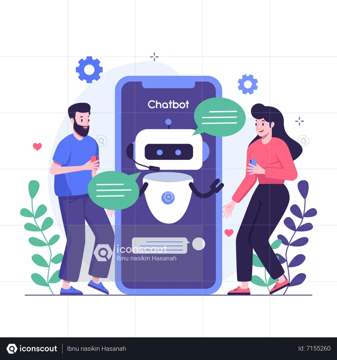 Personnes discutant avec un chatbot mobile  Illustration