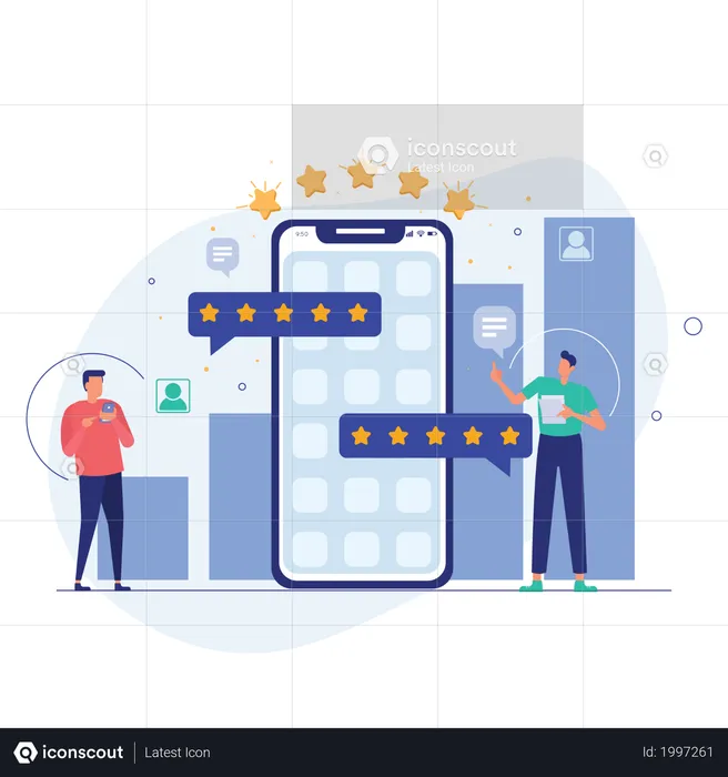 Personnes donnant des commentaires et des évaluations depuis un téléphone mobile  Illustration