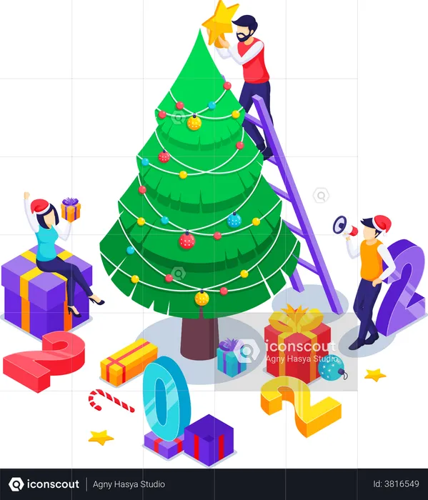 Personnes engagées dans la décoration d’un sapin de Noël  Illustration