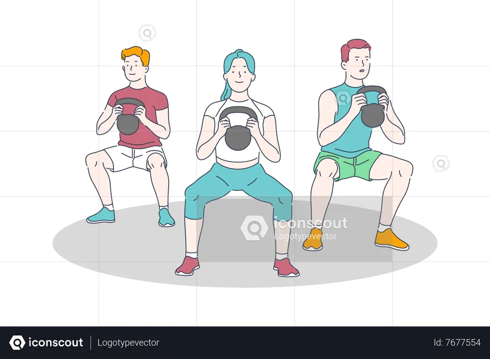 Les gens font de l'exercice au gymnase en soulevant une balle de poids  Illustration