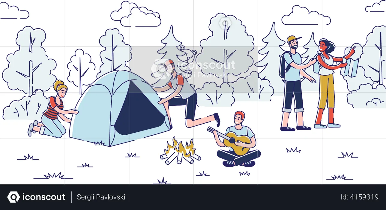 Les gens font du camping dans la forêt  Illustration