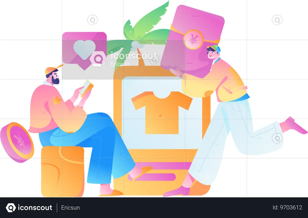 Personnes faisant des achats sur mobile  Illustration