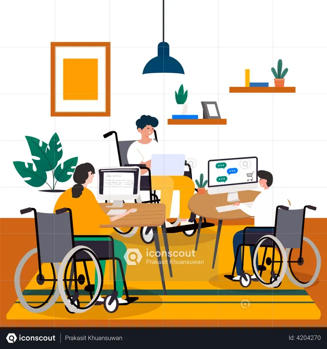 Personnes handicapées travaillant sur un ordinateur portable  Illustration