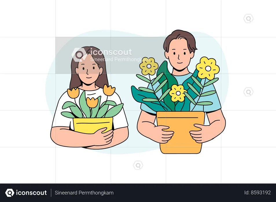 Les gens plantent des fleurs d’arbres  Illustration